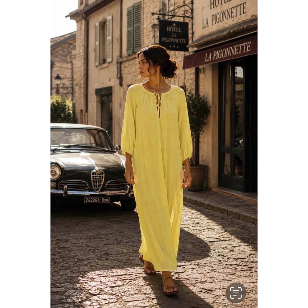 Sonoma Maxi Dress Desire Yellow Rayon Linen Tie Neck Long Sleeve WS41Y028 Large